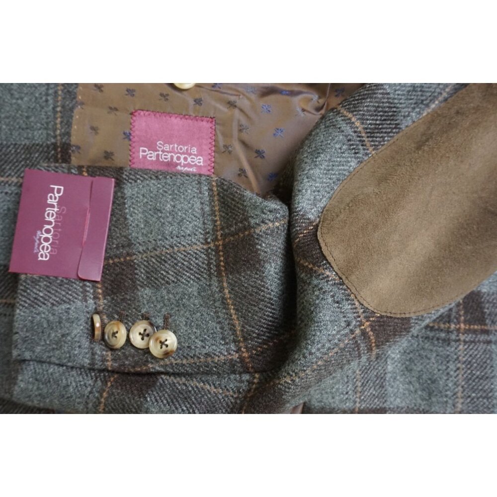 Sartoria Partenopea Gray Brown Plaid Suede Elbow 100% Cashmere Sport Coat NEW 44